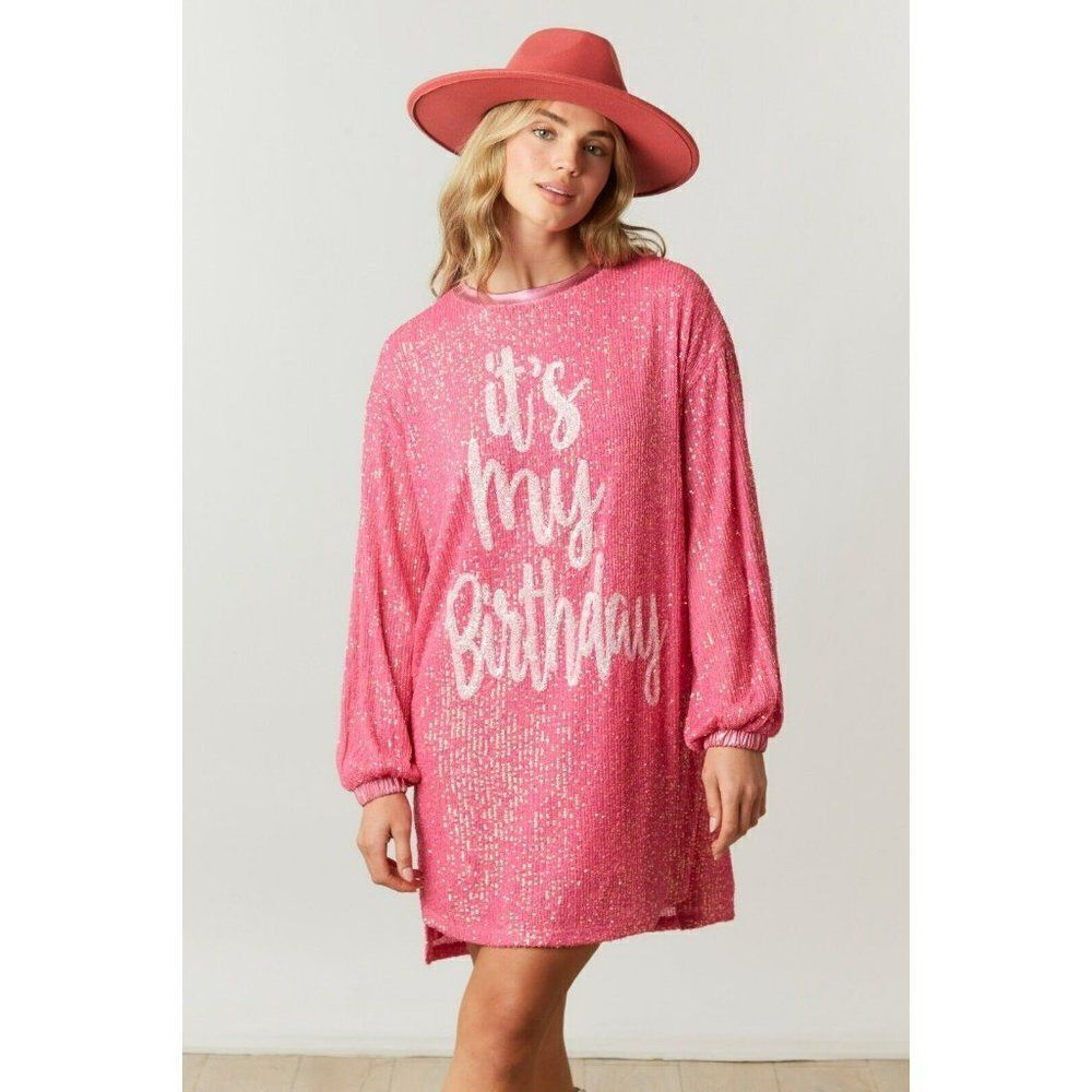 Fantastic Fawn Birthday Behavior Long Sleeve Sequin Dress Pink IFKD54516-01
